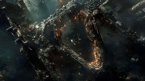 Ruined megastructure drifts through a burning cosmic void