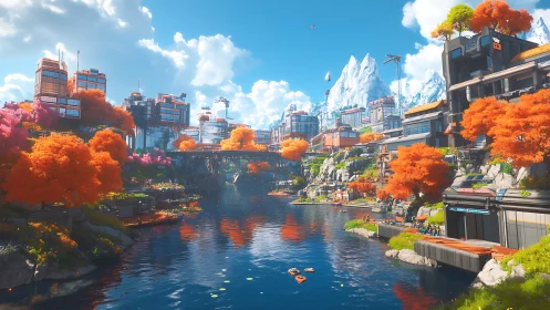 Futuristic river city framed by vivid autumn foliage