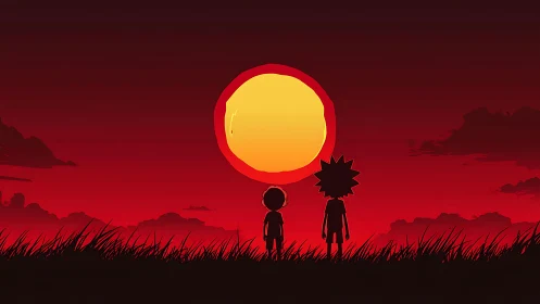 Silhouetted figures against stylized crimson sunset horizon.