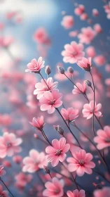 Pink cosmos flowers with buds against blue sky backdrop.