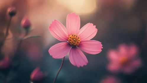 Pink Cosmos Flower: Focused Detail in Atmospheric Bokeh Field.