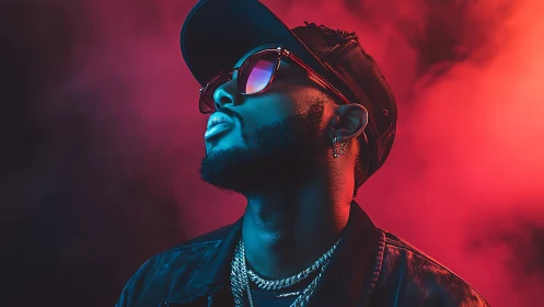 Hip hop style portrait in bold red and blue neon light.