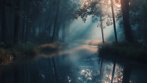 Misty Forest Stream: Nature's Quiet Sanctuary Glows with Dawn Light.