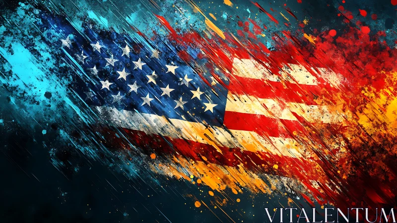 Bold American flag bursting with energetic color and motion.