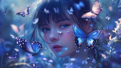 Ethereal girl portrait with luminous blue butterflies.