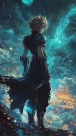 Lone armored warrior overlooking luminous cosmic horizon.