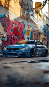 Lowered blue BMW coupe prowls a gritty graffiti alleyway