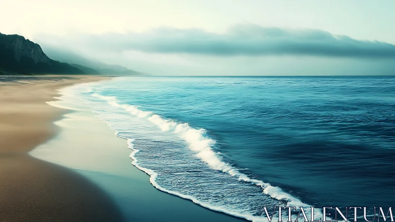 Calm shoreline meets turquoise ocean under low coastal fog bank