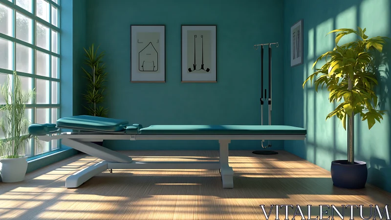 Sunlit minimalist treatment room rendered in clean 3D visualization