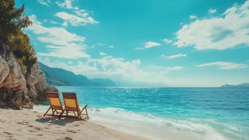 Sunny coastal retreat with two chairs facing calm sea.