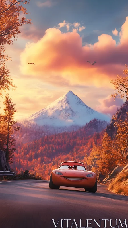 Anthropomorphic race car drives through sunset alpine valley