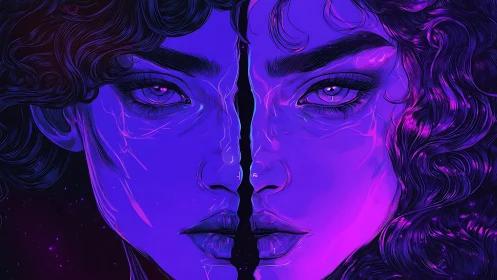 Dual neon portrait with fractured cosmic symmetry in violet.