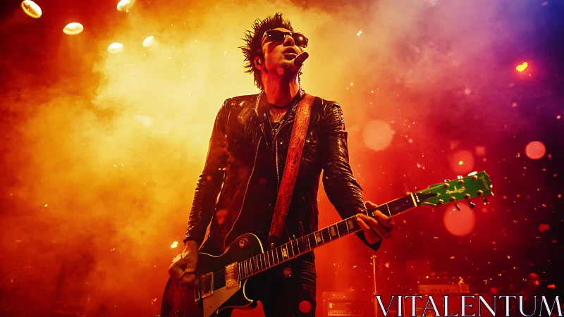 Rock guitarist commands stage under vivid orange concert lights