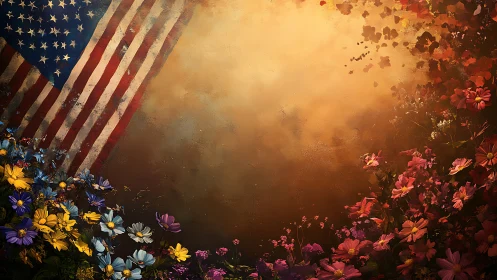 American Flag with Wildflowers Against Golden Backdrop.