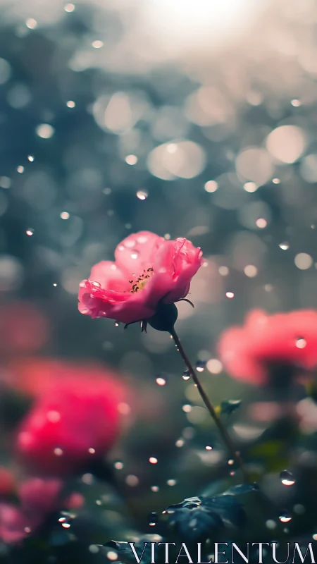 Pink rose in rain, bokeh-enhanced depth of field photography.