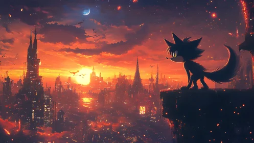 Twilight fox lookout over a neon-soaked sunset cityscape.