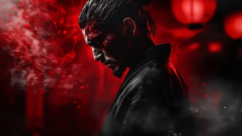 Samurai warrior profile under crimson lantern haze.