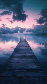 Twilight pier stretches toward cotton-cloud gateways over glass