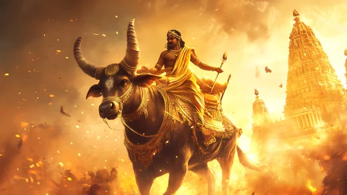 Sunlit warrior rides sacred bull through blazing temple haze