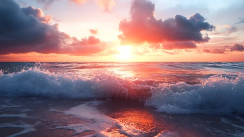 Sunlit surf horizon with chromatic evening cloud structure.