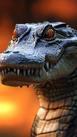 Crocodile head close-up against blurred warm sunset sky.