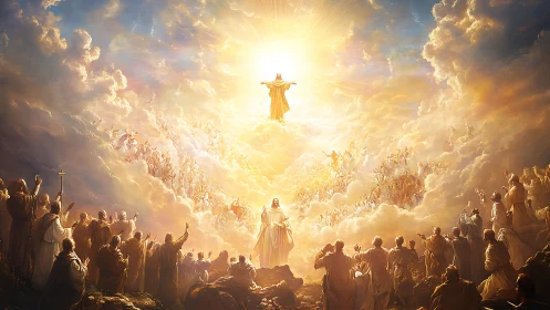 Radiant heavenly gathering around a glowing divine light.