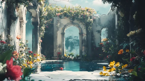 Secret garden pool amid dreamy ruins and blooming flowers.