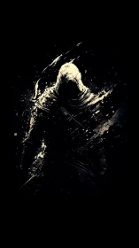 Hooded humanoid silhouette in abstract splatter composition.