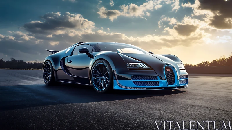 Black hypercar on open track under dramatic sunset sky.