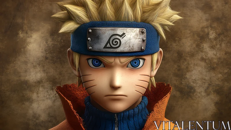 Realistic spiky-haired ninja portrait with intense blue gaze.