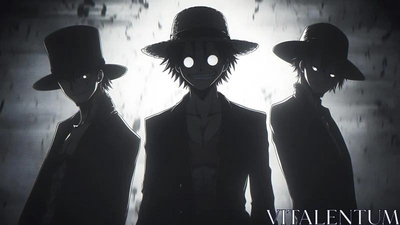 Shadowed trio with glowing eyes emerge from monochrome haze