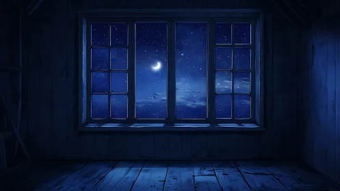 Moonlit attic window framing deep blue starry night sky.