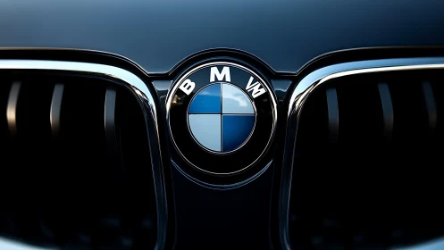 Gleaming car emblem with cool blue glow and bold style.