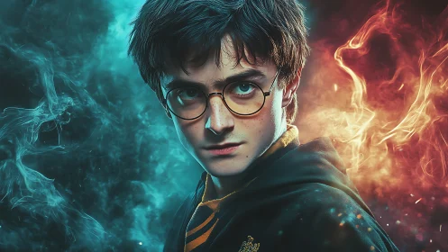 Young wizard portrait framed by teal smoke and fire glow.