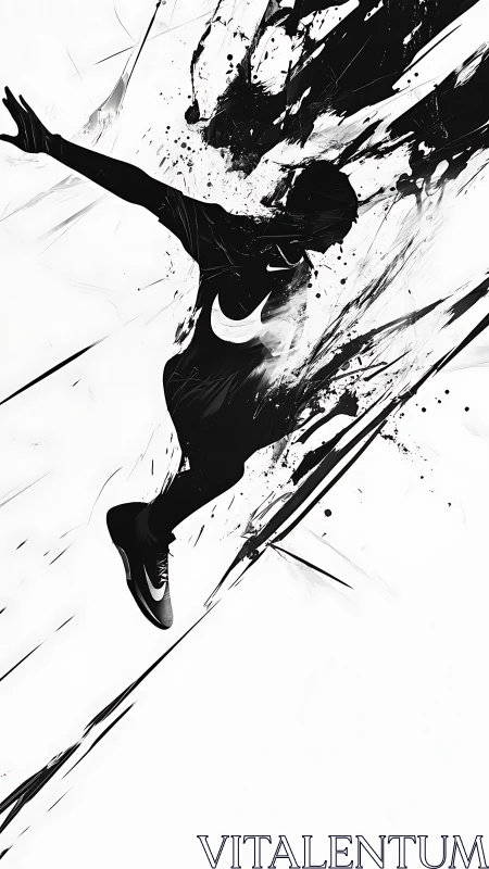 Dynamic ink silhouette of leaping athlete in motion burst.