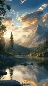 Alpine river valley at golden hour with sunlit snow peaks