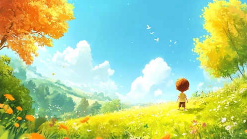 Luminous hillside panorama with child under saturated sky.