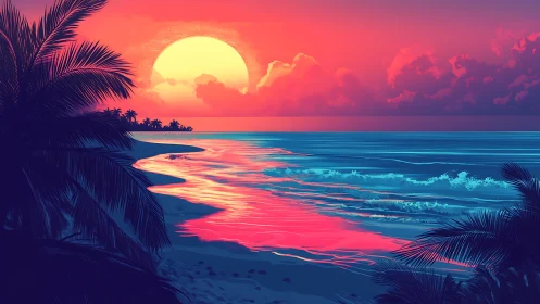 Chromatic tropical shoreline under hyper-saturated sunset glow.