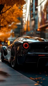 Glossy black supercar under autumn city bokeh lighting.