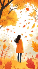 Autumnal vector scene with solitary observer in leaf vortex.