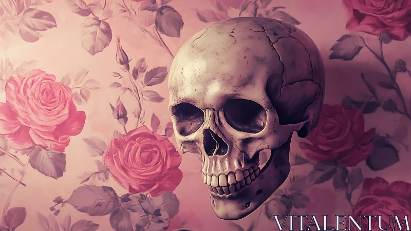 Human skull is rendered against patterned rose wallpaper