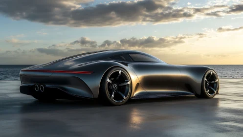 Futuristic silver sports car parked by calm ocean at dusk.