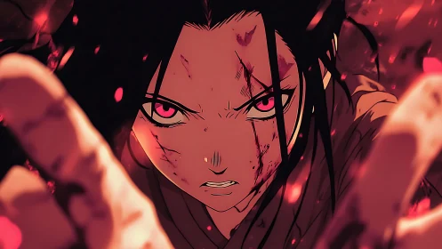 Battle-scarred anime warrior framed in burning red embers.