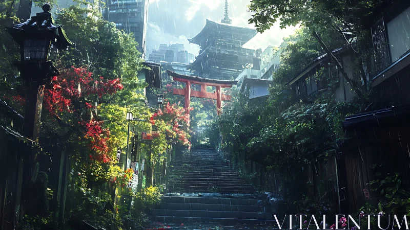 Rain-soaked shrine steps rise quietly through neon-lit city