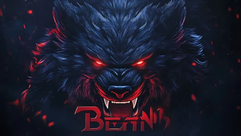Snarling neon wolf head glows with intense red fury.