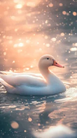 Serene white duck glides through golden sunset water glow