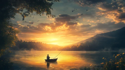 Solitude in a golden lake, where evening hushes loud hearts.