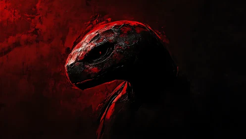 Brooding crimson turtle sentinel in volcanic shadowed silence.
