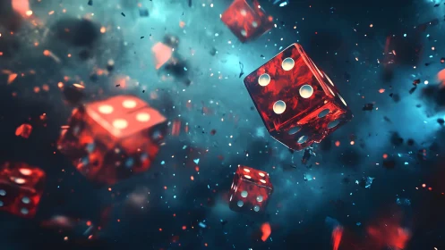 Red Dice Floating in Vivid Abstract Space, Digital Art Style.