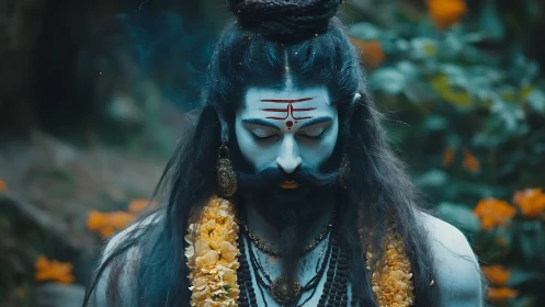 Meditative blue ascetic with sacred markings and garlands.
